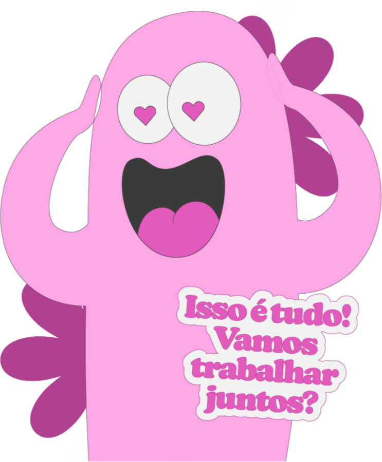 Mascote da Lily com olhos de coração dizendo: isso é tudo! Vamos trabalhar juntos?